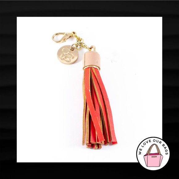 JESSICA SIMPSON GOLD RED TAN LEATHER TASSEL KEY FOB BAG CHARM KEYCHAIN HANG TAG - Picture 1 of 1